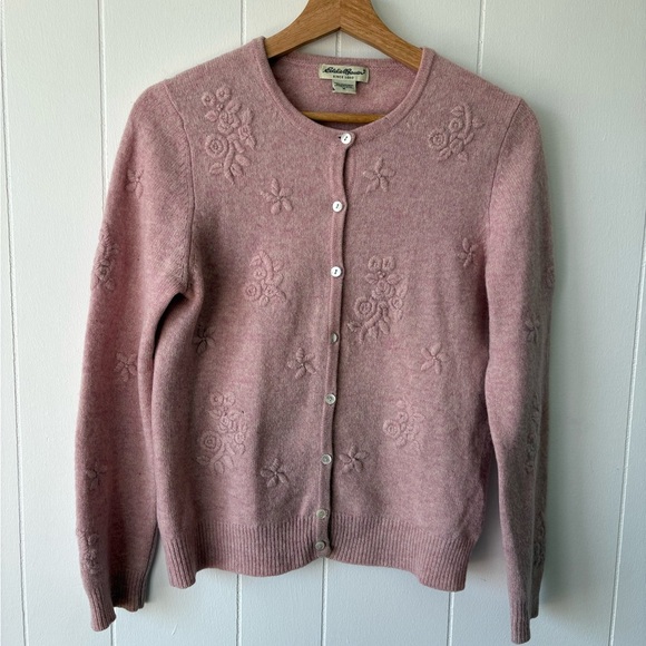 Eddie Bauer 100% Lambswool Pink Embroidered Cardigan | Size Medium - Picture 1 of 9
